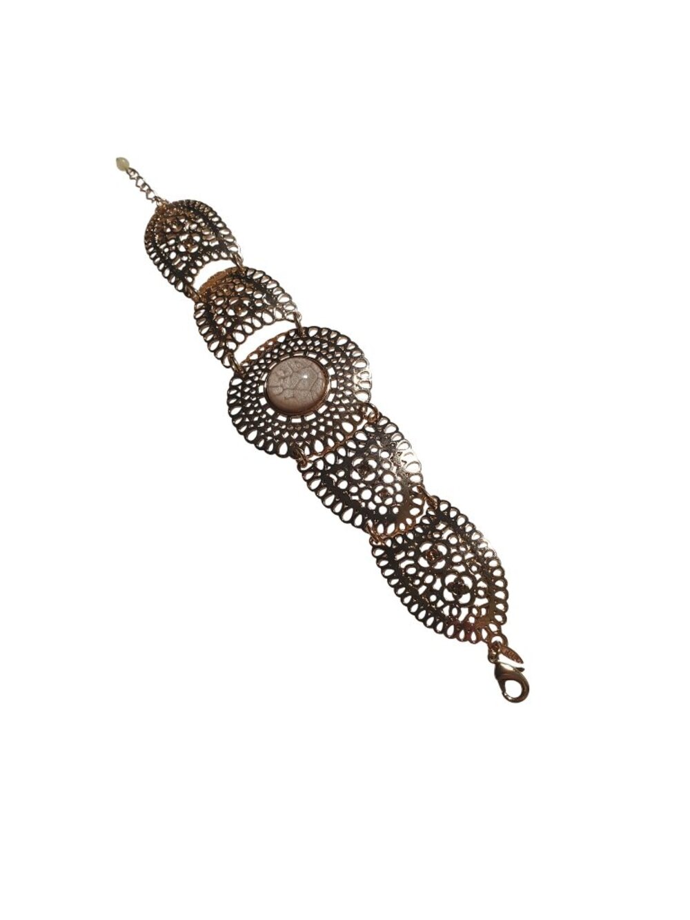 Gold Filigree Bracelet Adjustable Chain White Cab Centerpiece Elegant Design BHS